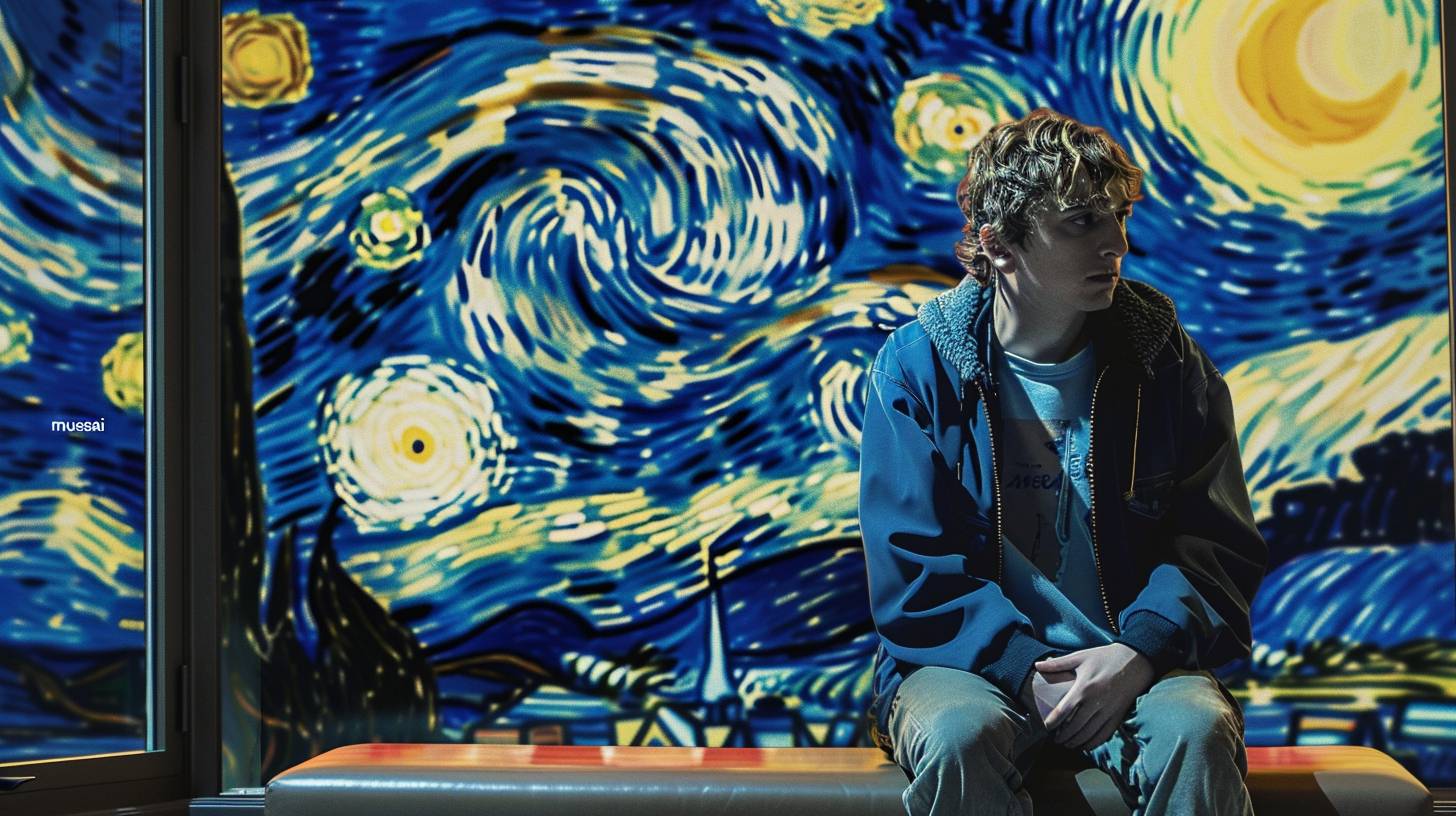 A magazine cover where the image of Sam from the Atypical series is combined with the background of Van Gogh's starry night, which has the title “musesai”. Keep it simple, it's for a short film.