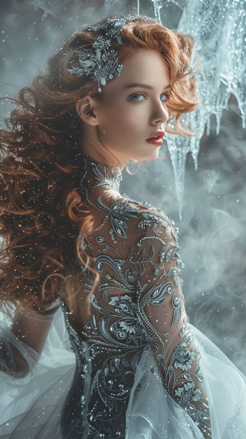 美しい若い女性が霜のついたフィリグリードレスを着ています