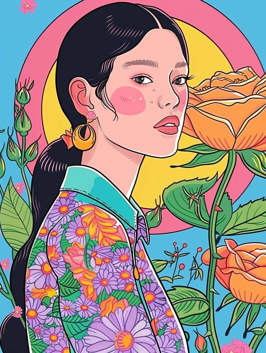 Front view, a pretty Chinese girl and a huge yellow rose flower, delicate makeup, solid background, two-dimensional cartoon Korean idol, Korean comic, half body, high detail, hyper quality, ultra HD picture quality, masterpiece