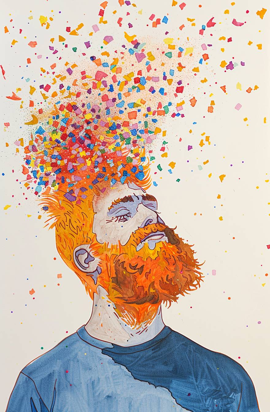 A drawing of the face and upper body of an orange-haired man with a beard, his head is made up entirely of colorful confetti, created by John Brack in pastel colors on a white background, simple, minimalist, whimsical