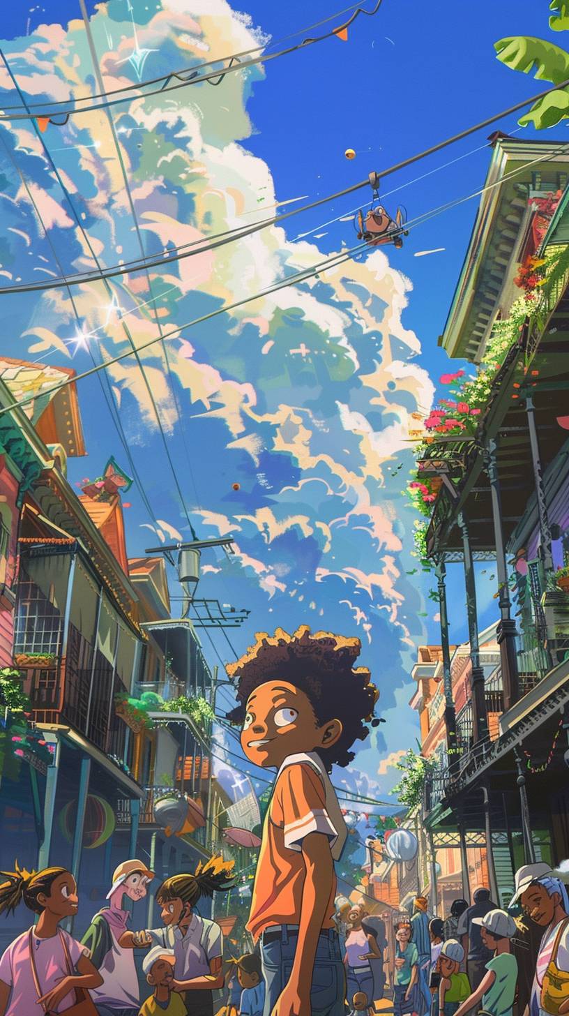 Anime-styled illustration in a blend of Boondocks cartoon and Pixar styles, offering a gritty yet vibrant atmosphere set in a cozy, lively New Orleans neighborhood. The narrator, with a warm smile and a unique anime appearance, is surrounded by people sharing happy moments. Designed for YouTube Shorts. 4k resolution, version 6.1