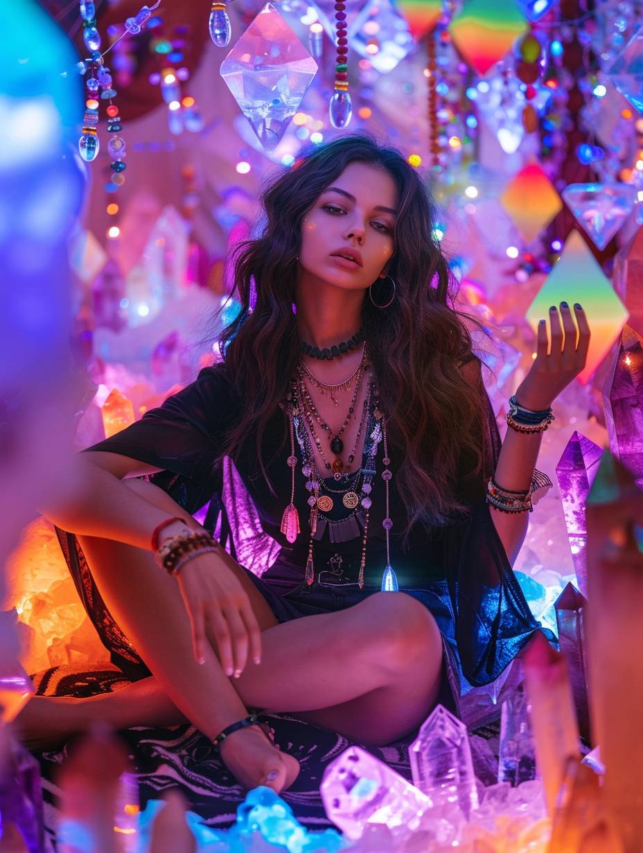 A beautiful woman is surrounded by glowing geometric crystals. She is wearing an oversized black top and shorts, along with necklaces. She has long dark brown wavy hair and beaded bracelets on her hands. The setting is realistic with studio lighting. She sits in a psychedelic room full of colorful elements.