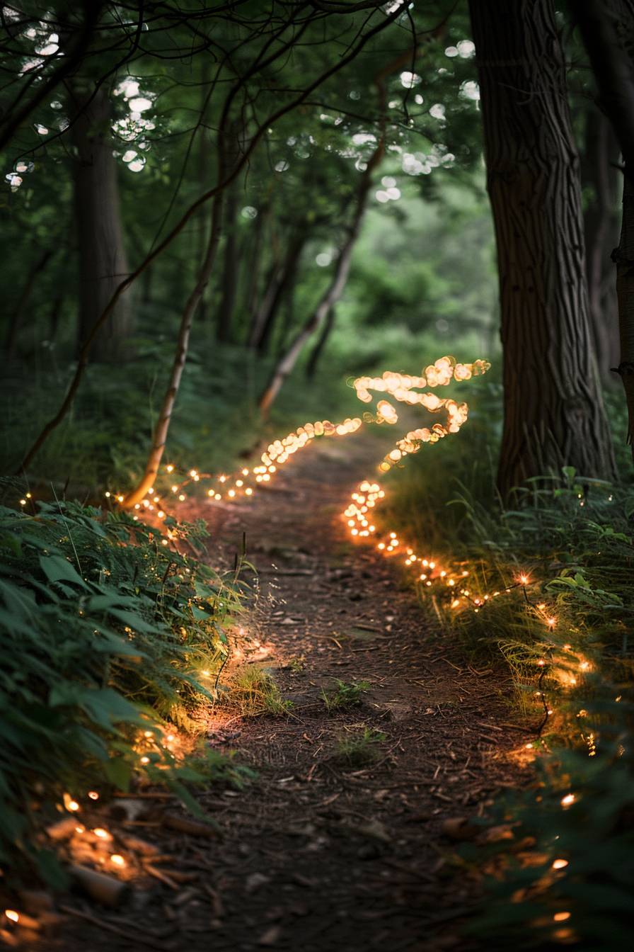 In the style of Beatrix Potter, fairy lights leading the way through a dark forest