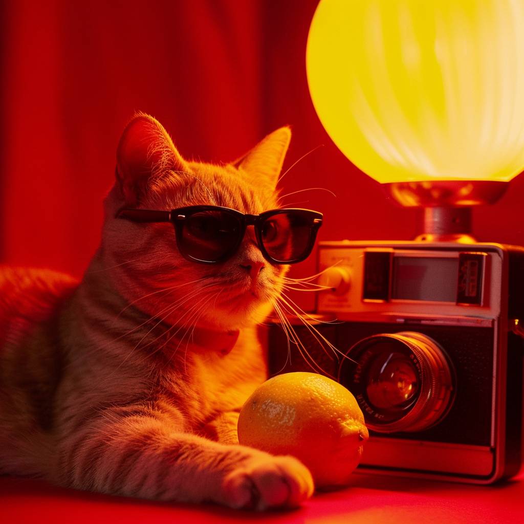 Cat wearing sunglasses next to lemon and camera, with a red lamp