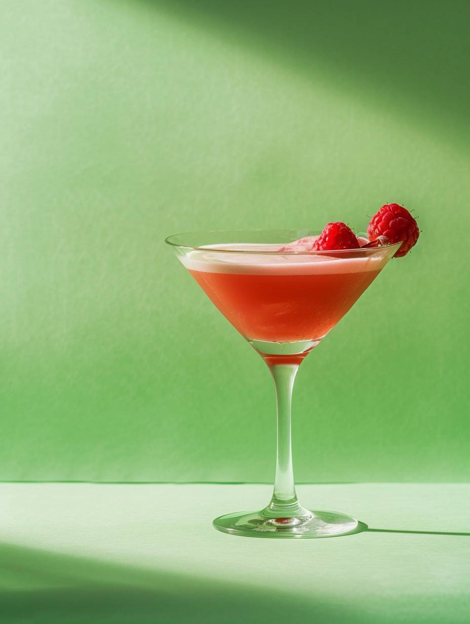 Professional realistic photograph, product photography, close up, minimal style, elegant, high end, raspberry daiquiri, minimal soft pastel lime green background