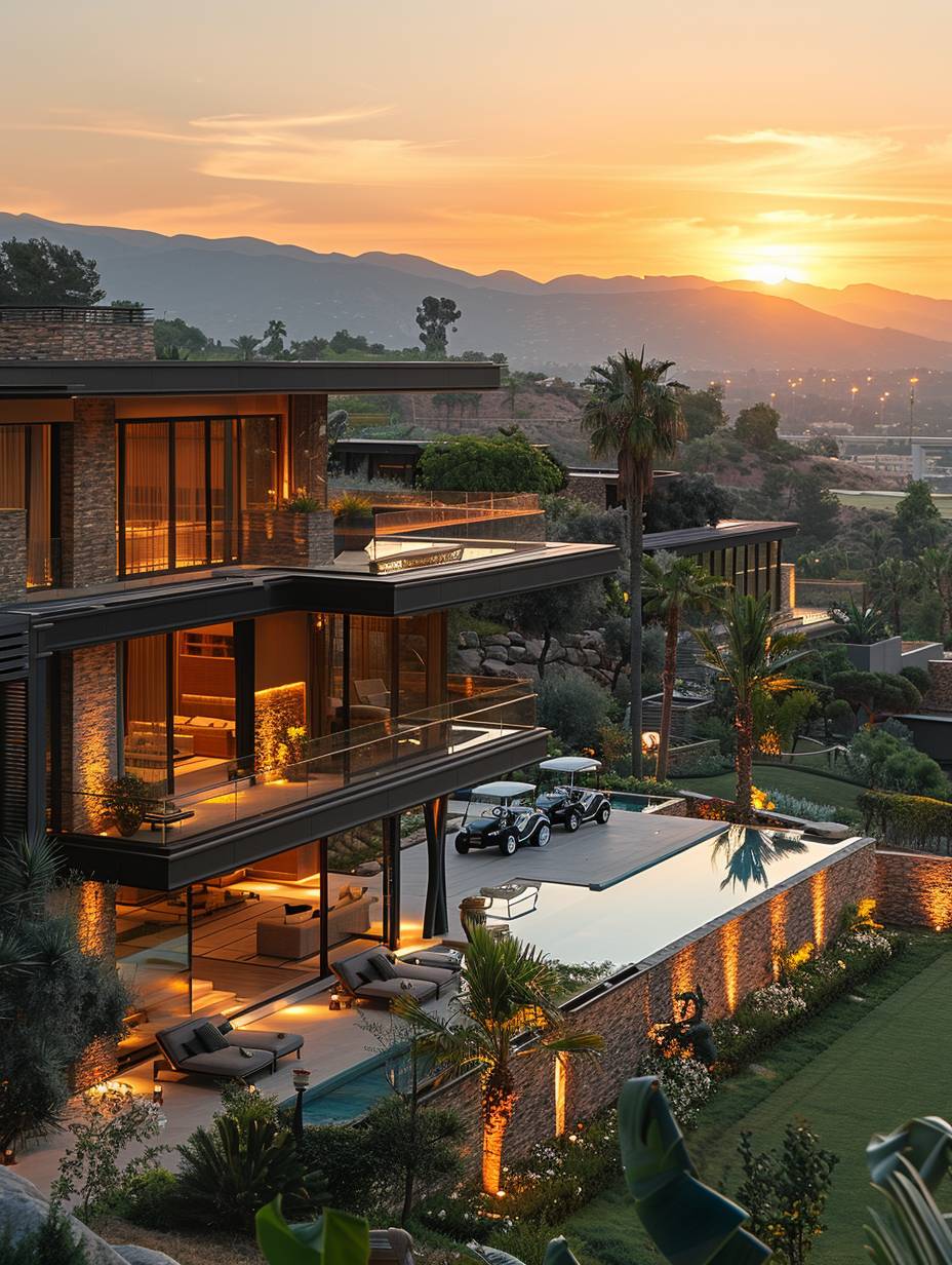 Imagine a hyper-realistic real-life aerial view: a modern mansion designed by SAOTA architecture, with a modern golf buggy fleet parked outside, against the panoramic backdrop of a golf course. The image has a pixel resolution of 8K.