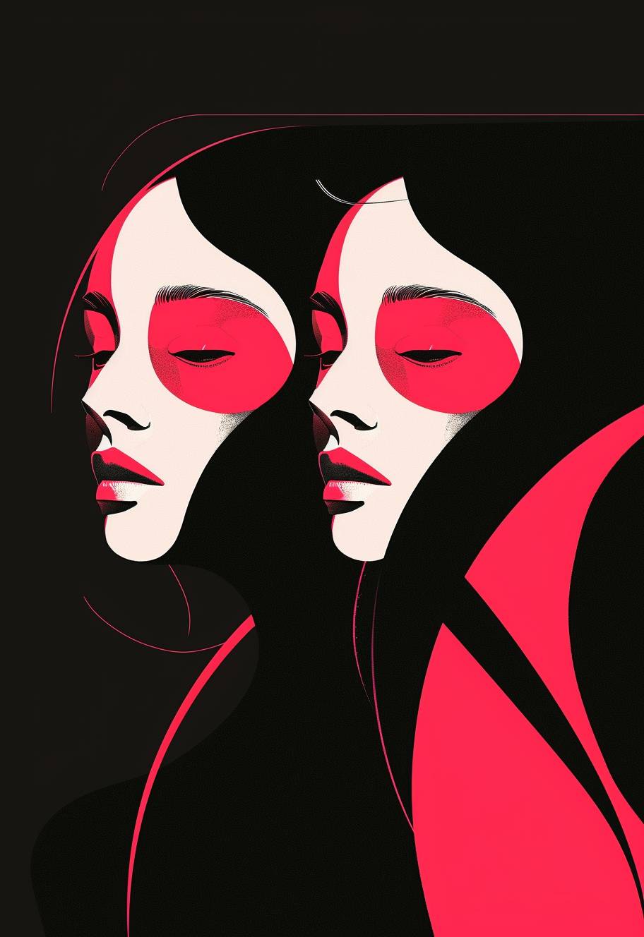 Minimalist retro illustration in the style of surreal two women with masks on their faces, pink and red color palette against a black background with dark contrast, minimalism featuring simple shapes in a surreal style.