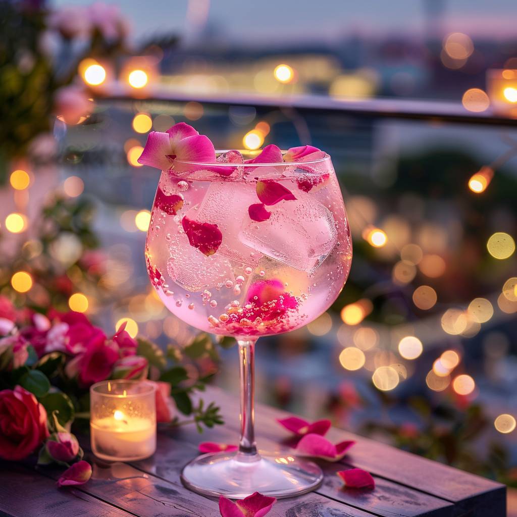 Rooftop Garden featuring pink gin and tonic in balloon glass, adorned with rose petal. Cocktail with pink color scheme. Setting: rooftop garden, city lights, floral arrangements for romantic mood, string of fairy lights. Captured with Sony A7R IV, FE 50mm f/1.2 GM lens, ISO 100, f/4