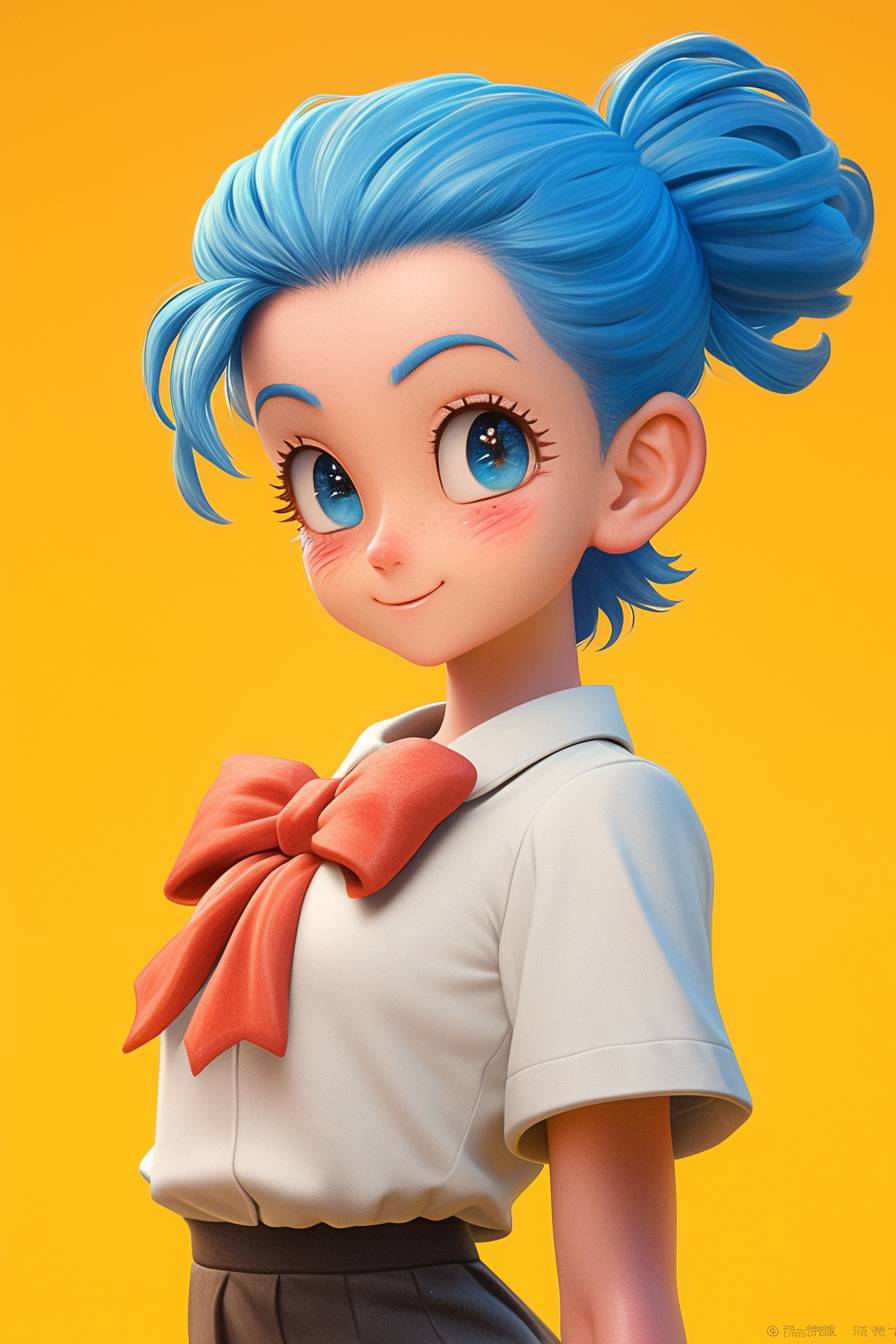 Bulma wearing a school uniform, in 3D Pixar and Disney style, with a simple and clean background
