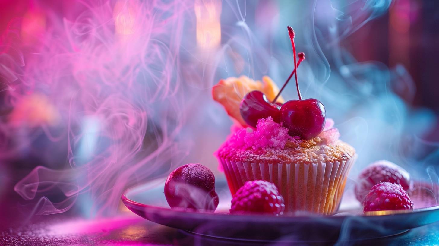 A cherry muffin, vibrant colors and swirling mist, in a luxury restaurant, dramatic lighting, high details, Canon EOS R5