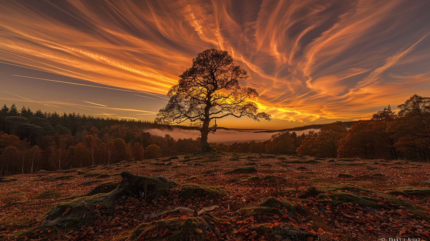 A long exposure of a lone tree silhouetted against a sunset over an ancient forest. The sky is a canvas of warm, earthy tones, with streaks of ochre, burnt sienna, and crimson swirling across the horizon. The light filters through the leaves of the ancient trees, creating a dappled effect on the forest floor. The ancient trees are gnarled and twisted, their bark covered in moss and lichen. Fallen leaves blanket the ground, creating a sense of texture and depth. The lone tree stands tall and proud, its branches reaching towards the sky, as if reaching for the fading light. The overall mood is one of peace and tranquility, as if witnessing a moment of reflection and contemplation.