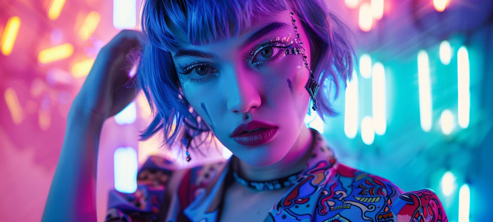 A hyper-realistic photo of an androgynous woman with pastel blue hair, dressed in a psychedelic goth, neon, and bold patterned outfit. Her makeup is colorful and futuristic. She is illuminated by rays and fluorescent lights. The background is filled with lights and patterns.