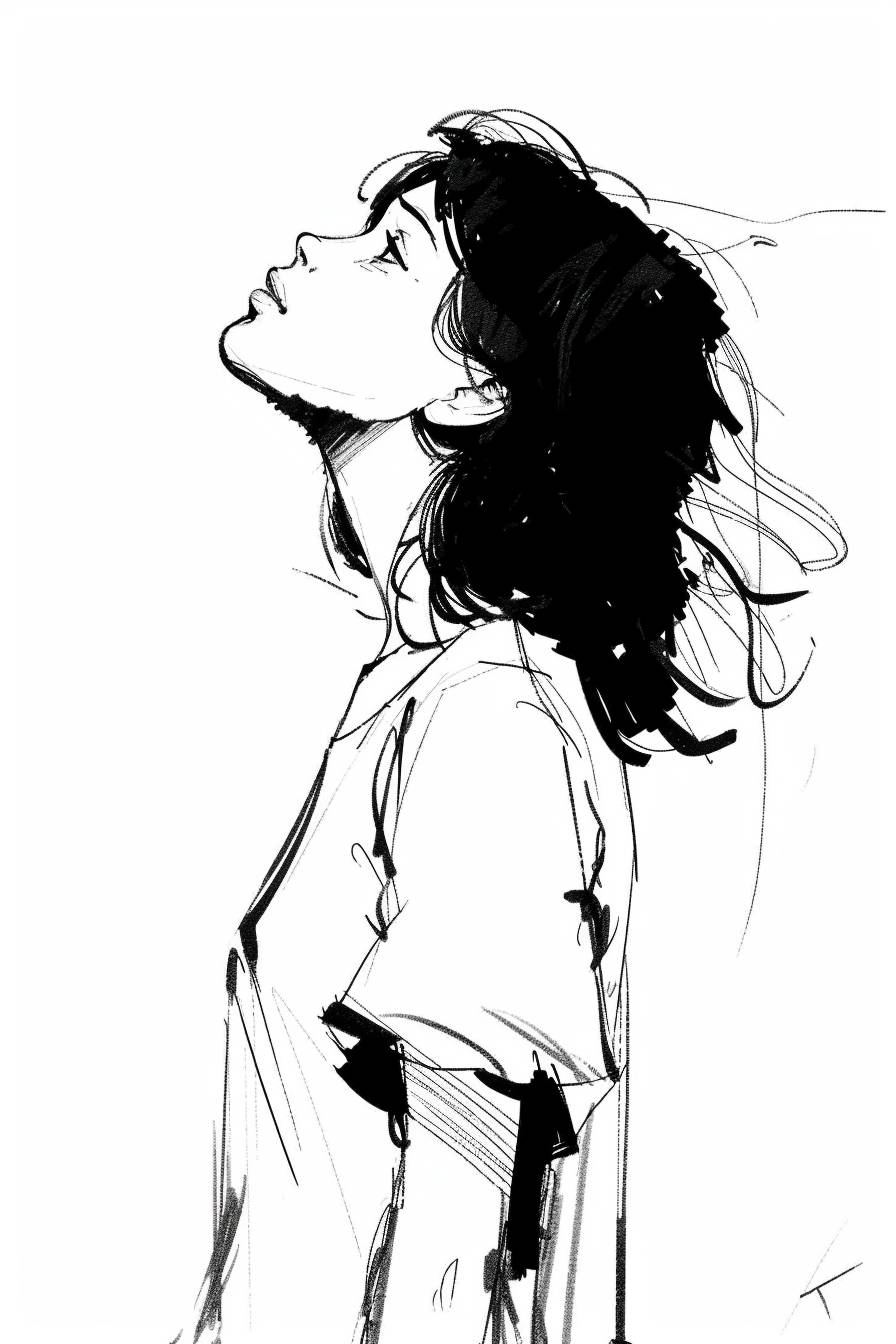 In style of Pascal Campion, character, ink art, side view