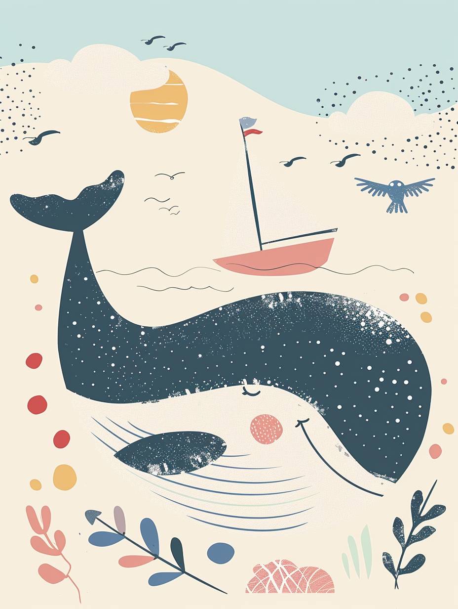 Cute happy whale, swimming in shining blue ocean, summer, boho style, minimalism, simple strokes, hand drawn style, children's illustration, seabirds and sailboat in background, sun, white background, flat design, simple lines, vector graphics, space on top of head, cute style, pastel tones, beige color scheme