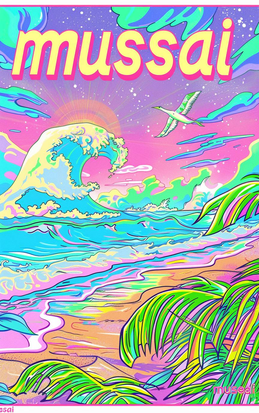 Cute cartoon beach, colorful Japanese poster, background is a ripple of gradation musical melody, title 'musesai' in bold psychedelic font at top of design, bright white neon colors, Japanese typography by K generics, colorful pastel palette with green accents, simple line art by Hiroshi Nagai, white border around all edges, high contrast
