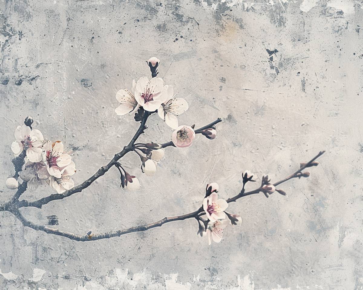A monotype print of a cherry blossom branch, created in a limited colour palette with a slightly textured background.