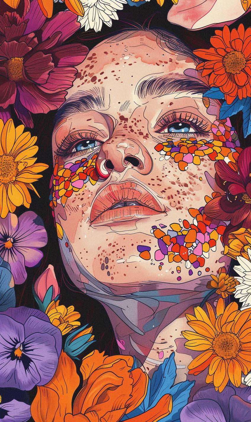 Boho style wall art, close up of SUBJECT's face, surrounded by colorful flowers, hippie aesthetic, digital illustration