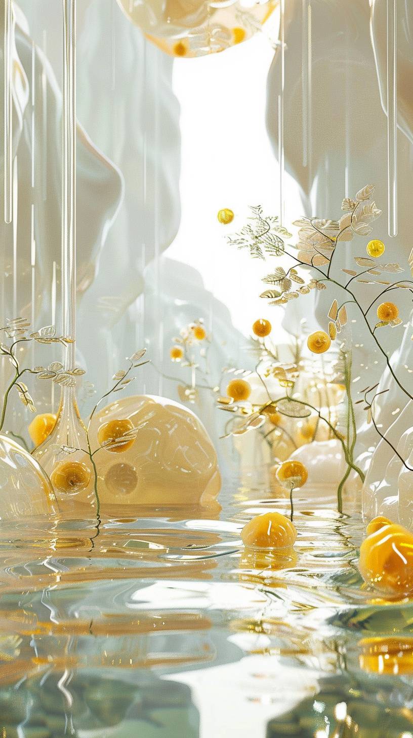 The scene is translucent and inflatable, a 3D fantasy of virtual plants full of fantasy, calm and transparent water surface, glowing yellow small tomatoes of glass material growing on the water surface, transparent glass texture, silver-gray winding glass vines, translucent yellow glass flowers, several small glass water droplets, the distant mountain made of transparent jelly, surrounded by translucent glass cactus, White gradient and light yellow color scheme, surrealistic details, HD, 3D rendering, high resolution