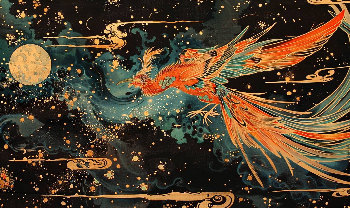 In the style of Utagawa Kuniyoshi, Cosmic phoenix gliding through the cosmos