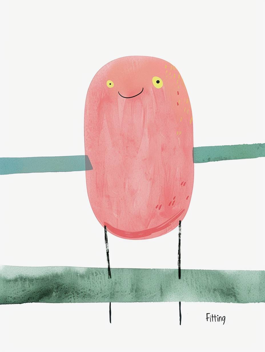 A cute pink creature with a long body and a yellow smiley face, standing on a green bar in the style of Jon Klassen's book 'Fitting', a simple minimalistic drawing with a white background and simple shapes in pastel colors.