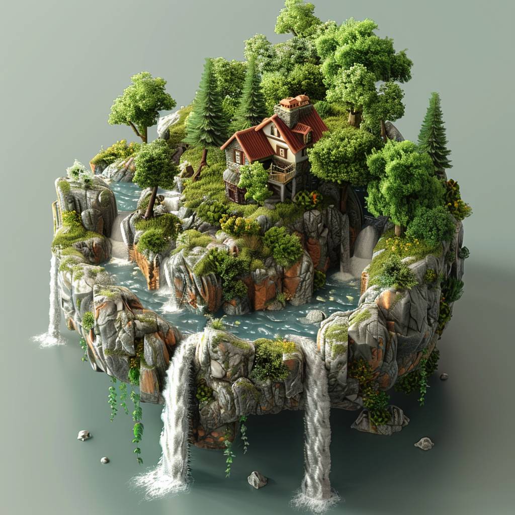 Cute isometric island, cottage in the woods, river with water falling off the edge, made with blender