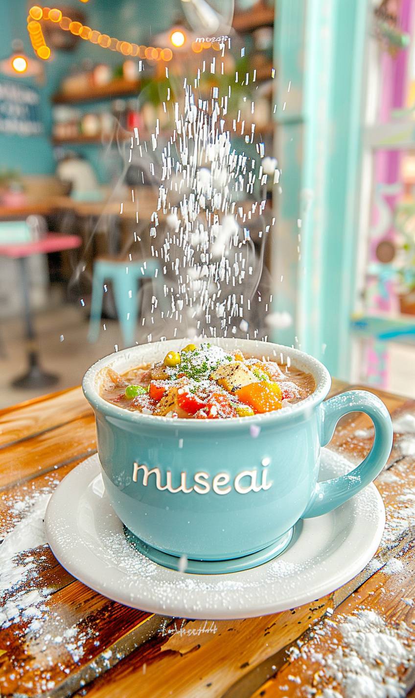 Food photography, a hot bowl of Alphabet soup, spelling 'musesai'