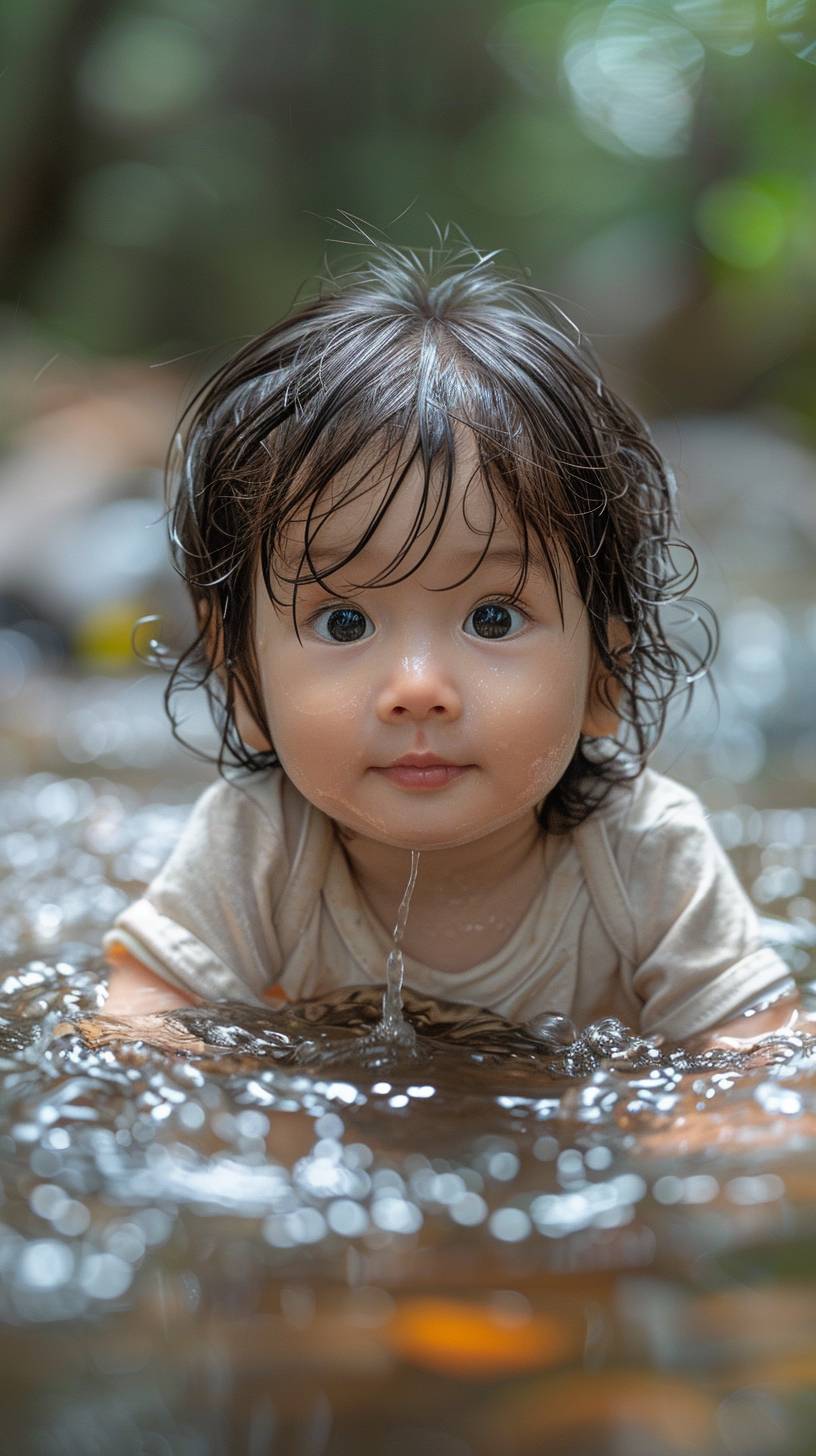 A cute Asian baby playing in a stream wearing a T-shirt and shorts