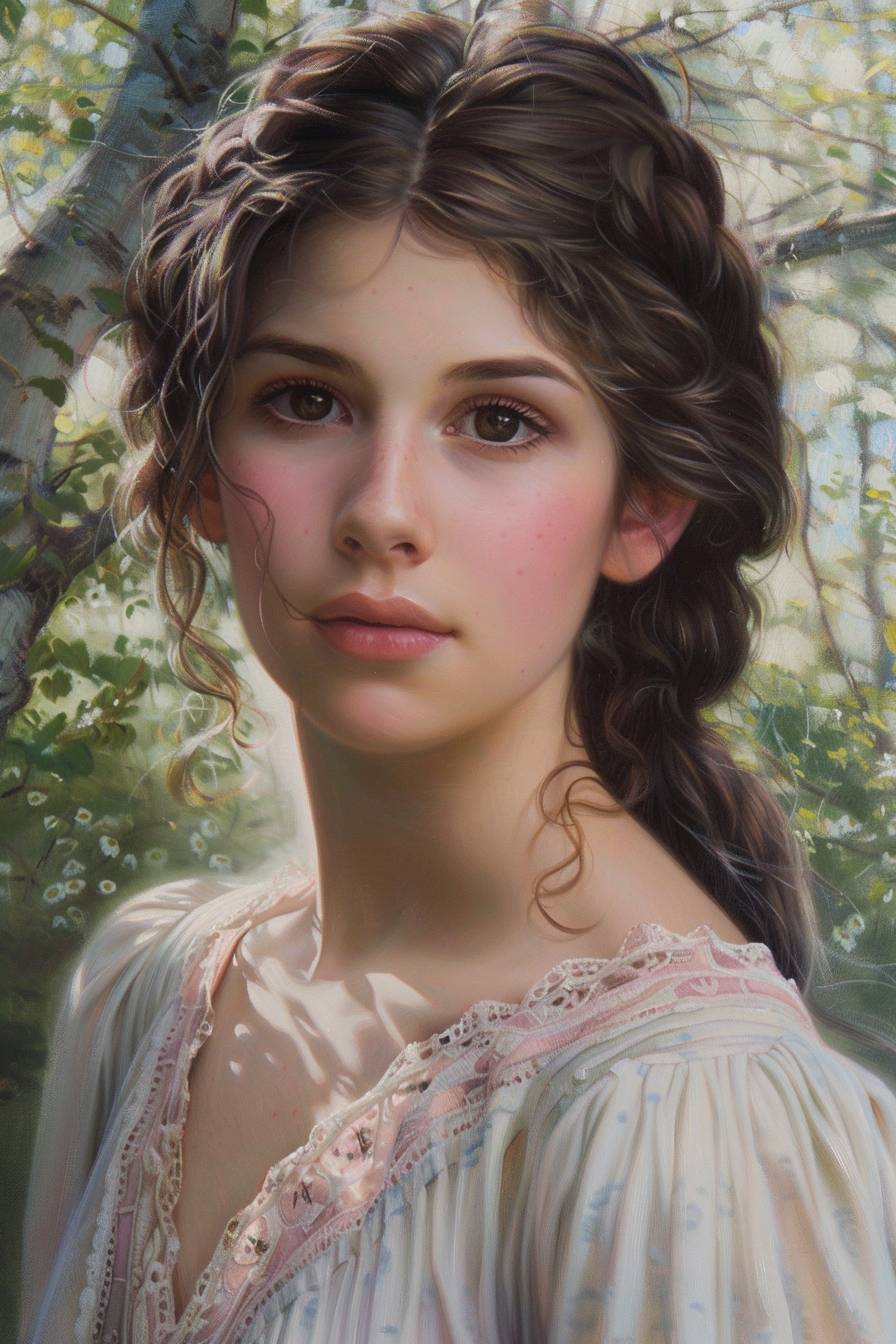 A painted portrait of a pretty girl in dappled shade on a summer day in the style of John Waterhouse and William Adolphe Bouguereau. Oil painting, academic art, perfect face, soft palette