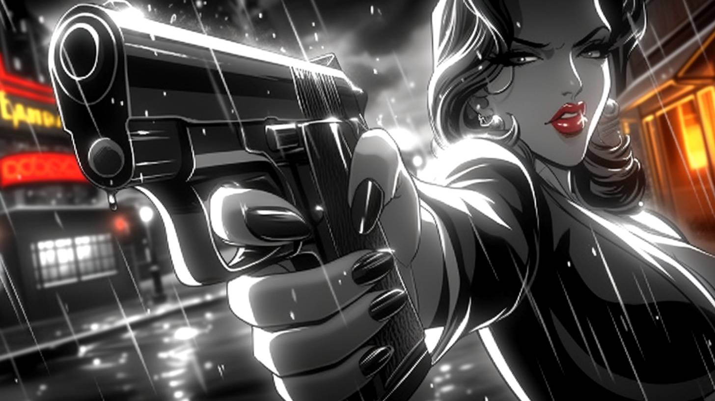 Black and white movie still with comic-noir aesthetics in Frank Miller's Sin City style, femme fatale with red lips holding a gun under the rain, film noir atmosphere, high contrast, shiny eyes, captivating gaze