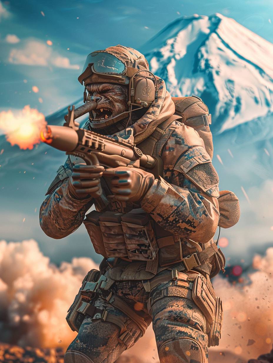 Desert background, a 12 zodiac animal wearing a special forces uniform, a special forces soldier, holding a cigar in his mouth, with murderous eyes, holding a rocket launcher in his hand, his muscles exploding, Mount Fuji, 3D rendering, realistic material, and surreal subject
