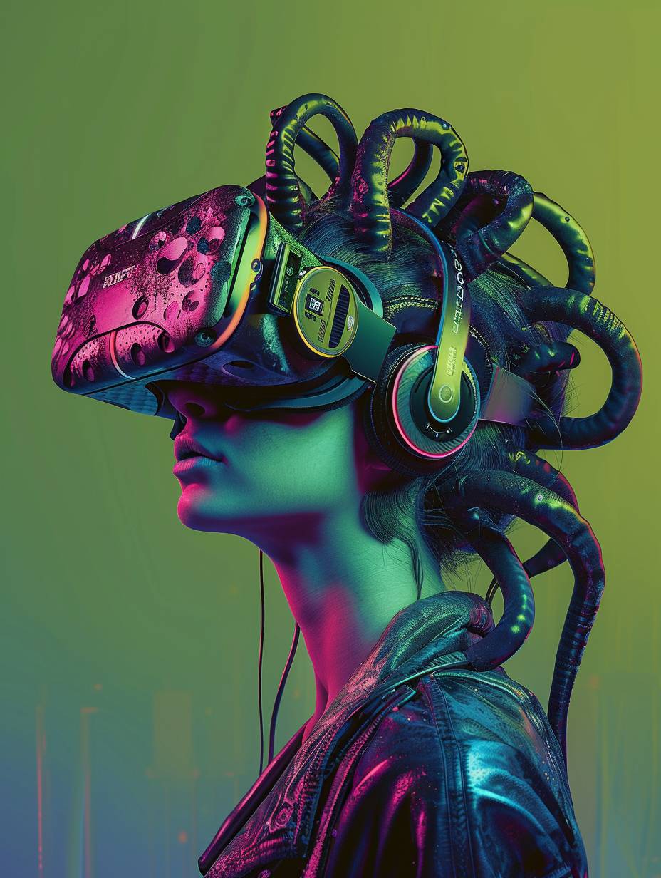 Medusa wearing a VR headset and headphones, Rave