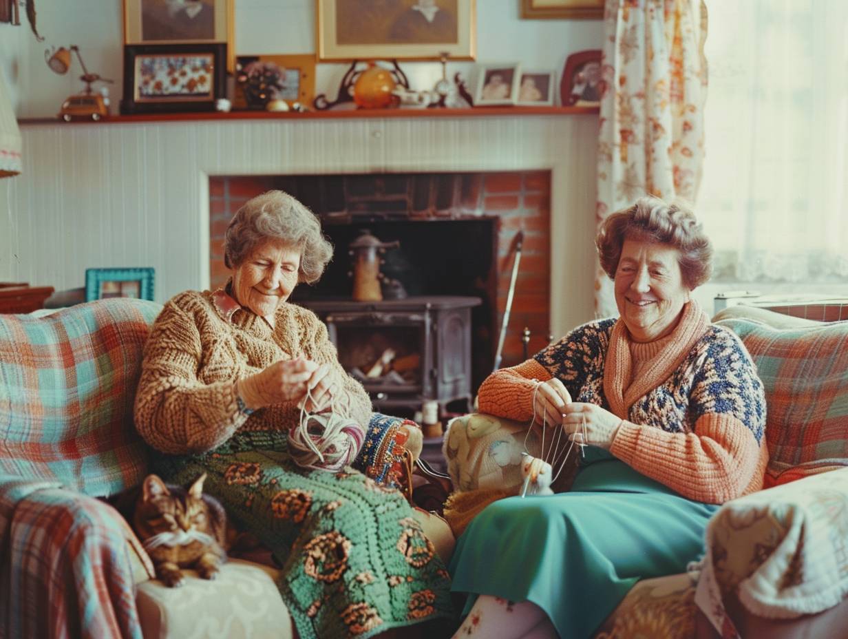 2人の年配の女性が編み物をしています。暖かい微笑み。カラフルな糸。居心地の良いリビングルーム。1965年の午後。暖炉、家族の写真、椅子で眠る猫。上半身を中景で撮影。Pentax Spotmatic、Kodak Tri-Xフィルムで撮影。窓から柔らかい光が差し込み、糸の細かな質感が写し出されています。