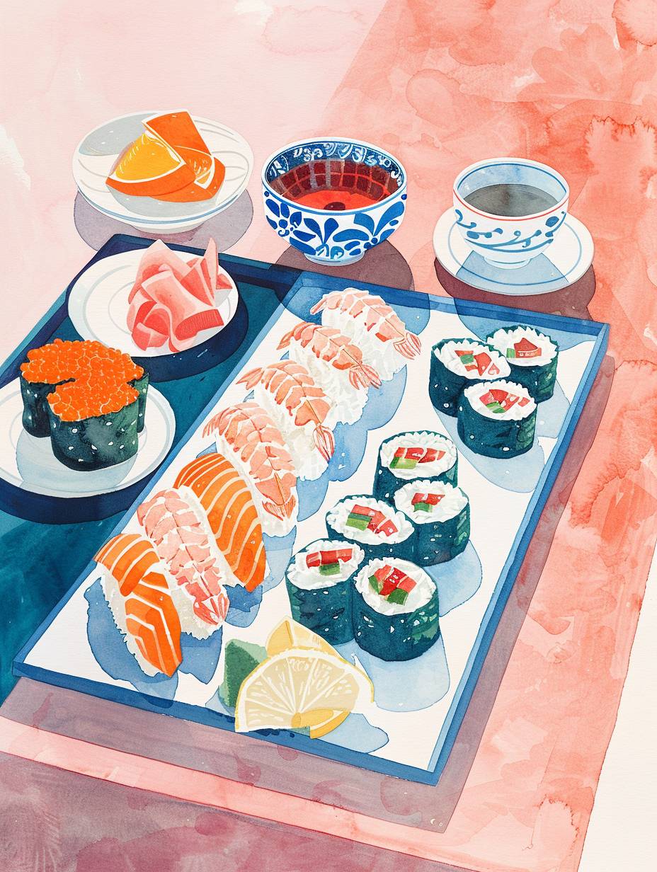 Minimalism, Flatlay Food In The Table, sushi long tray, clean background, hard-edged salt gouache, freestyle gestural art, warm bright pink and blue tones, romantic warm feeling artwork, cool color palette, Henry Matisse’s colors, Henry Matisse’s lithograph, Isometric Anime style, simple quirky water color inspired illustrations, the minimalist style --no people and face no words --ar 3:4 --stylize 150  --v 6.0