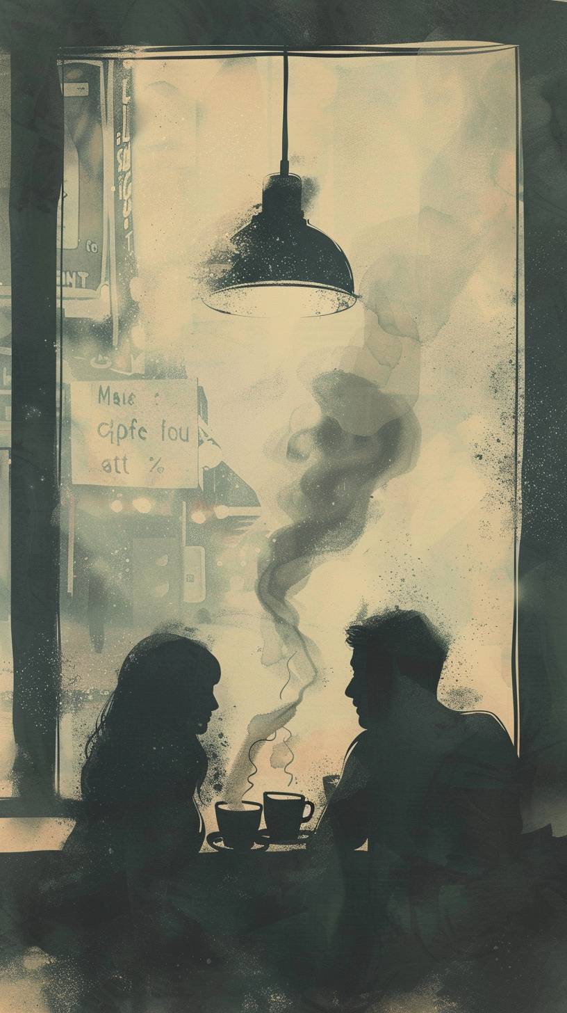 1980年代のカップルがカフェで座っている様子を描いたレトロなイラストで、薄い色合いのマットな仕上がりで、文字はありません。炭素画風の2つの湯気を立てるコーヒーカップが描かれています。