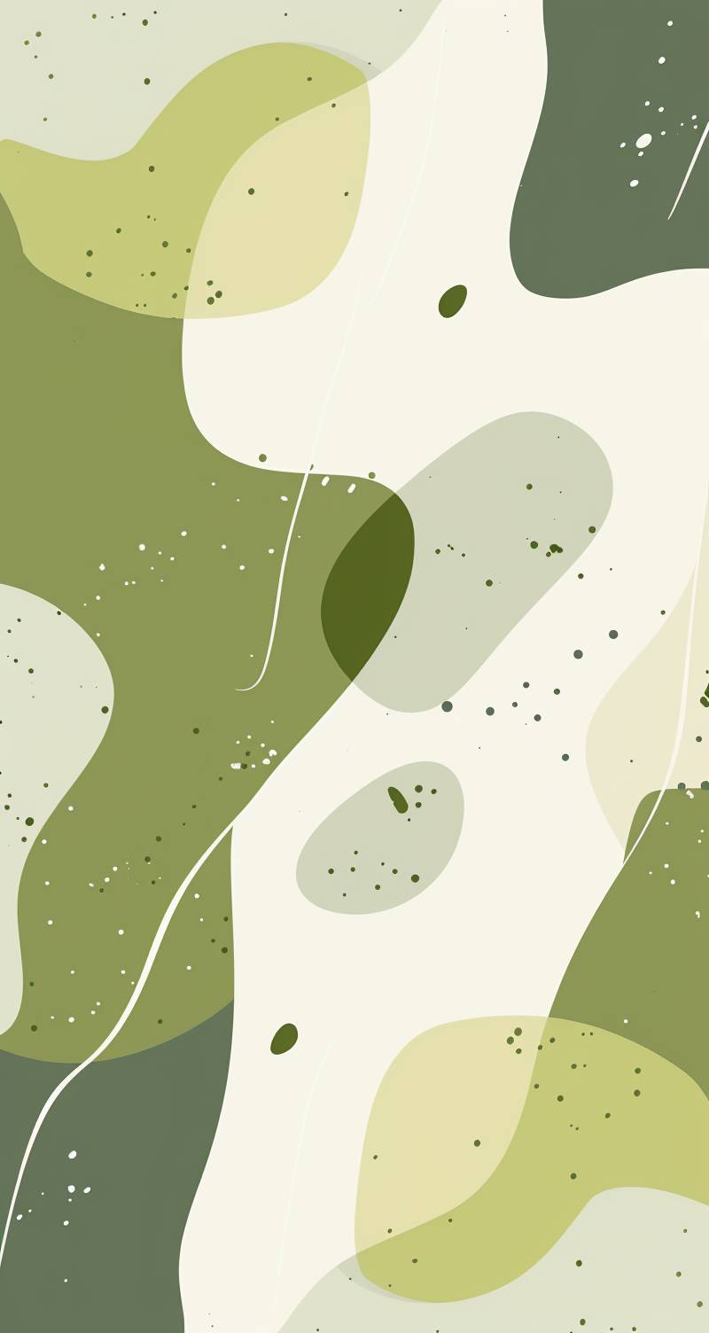 A minimalist wallpaper with abstract organic shapes in soft greens and beiges, on a white background. The design is simple yet captivating, featuring smooth curves and irregular forms that create an artistic and calming effect. This artwork would make for a stylish phone backdrop or digital wallpaper, offering a serene visual experience through its minimalistic style and harmonious color palette.