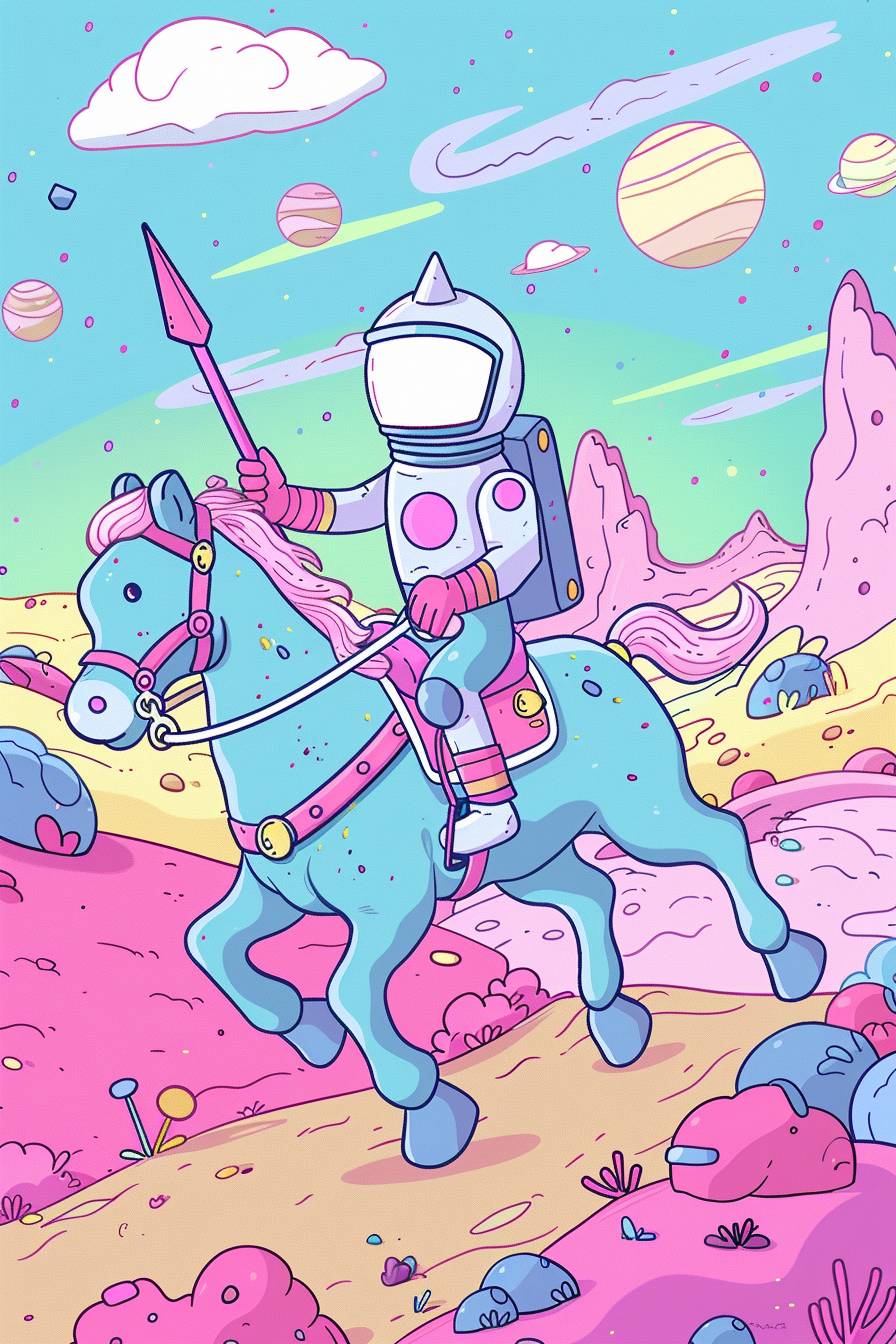 カナダのアーティスト、スコット・マーティンによって描かれた主人公は、星間の騎士です。宇宙飛行士は、遺伝子組み換えされた馬に乗り、小惑星帯でレースを行います。