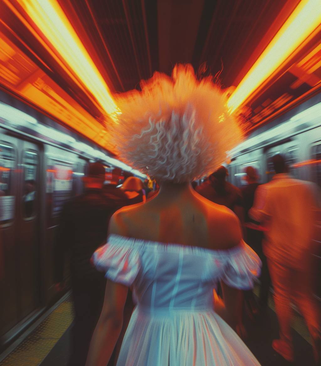 A photograph of a black woman with white hair, running seen from behind, wearing a blue and white dress, running through people in a subway, with red and orange neon lighting, motion blur, 80s atmosphere, retro vintage, grainy film effect, wide angle, taken with a Fujifilm X100F camera.