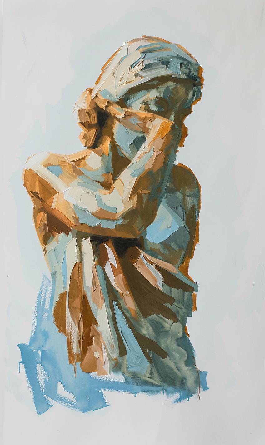Simple, small, minimalist, cool, and fun 2-color gouache painting of a sculpture of a woman from antiquity