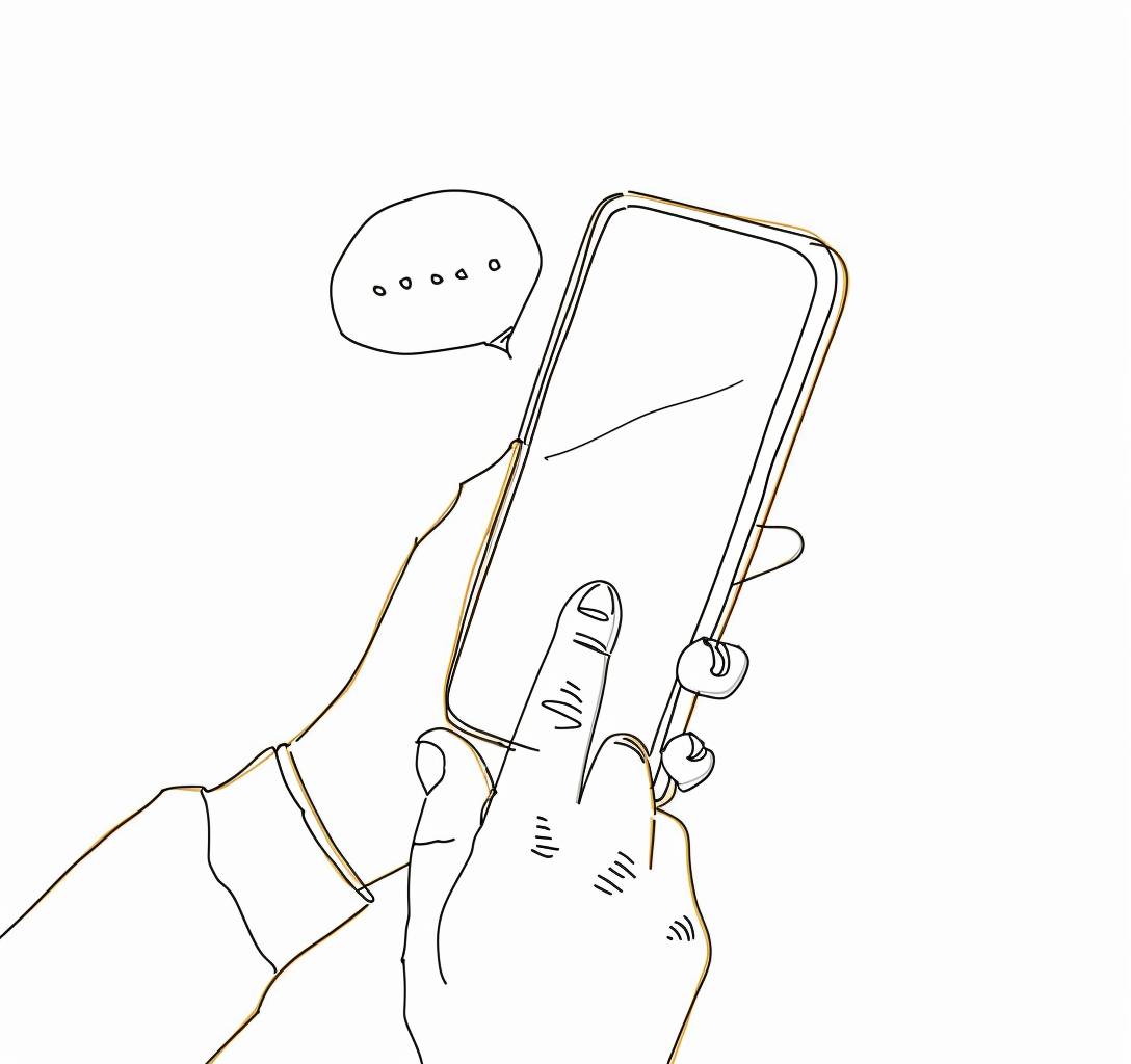 ワンラインドローイングスタイル、手のひらがスマートフォンを持ち、画面上にチャットバブルがあり、白い背景に描かれた、匿名アーティストのスタイルです。