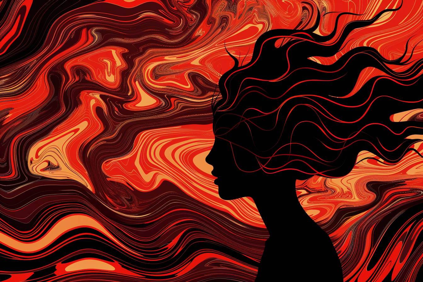 [Your character] silhouette in the style of dark wave, vector art illustration, background is a fiery [color1 and color2] wavy pattern, dramatic shadows, contrast lighting, high detail