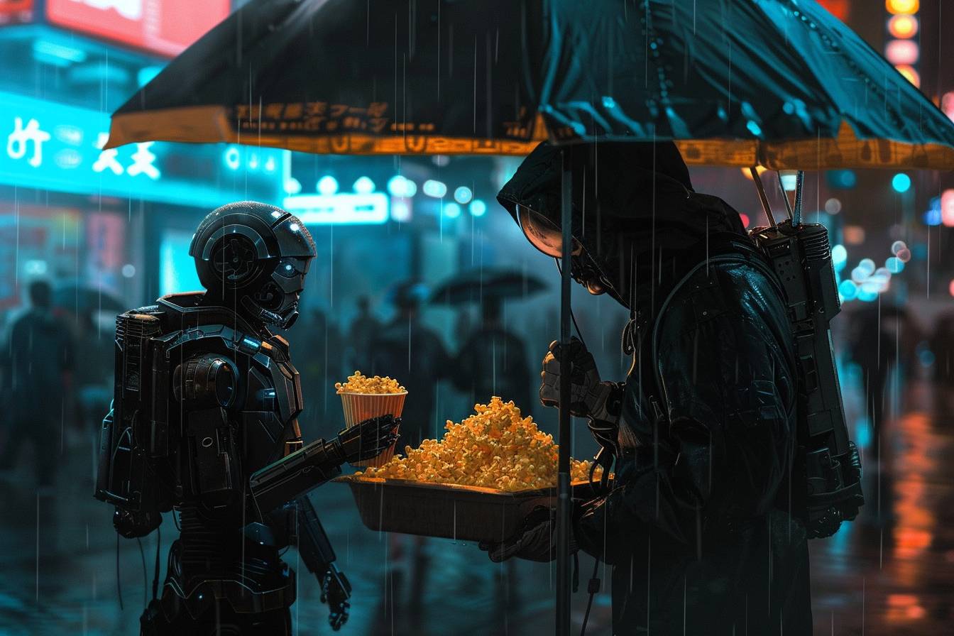 A street-food seller selling pop-corn to a robot in a rainy city, cyberpunk style