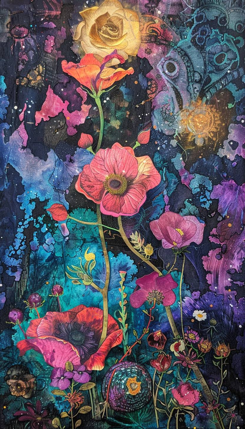 サラ・アンダーセンのスタイルで、異世界の花々が咲く天体庭園