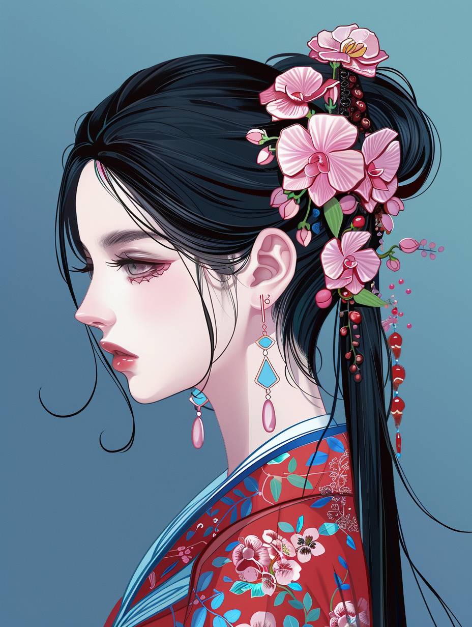 Illustration, a gorgeous beautiful girl, black hair, black eye, wearing traditional wear, artwork on pixiu, extremely bold outline, blue, acrylic painting, Orchid, wearing orchid hair accessories, ultra detailed, high quality, 8K.