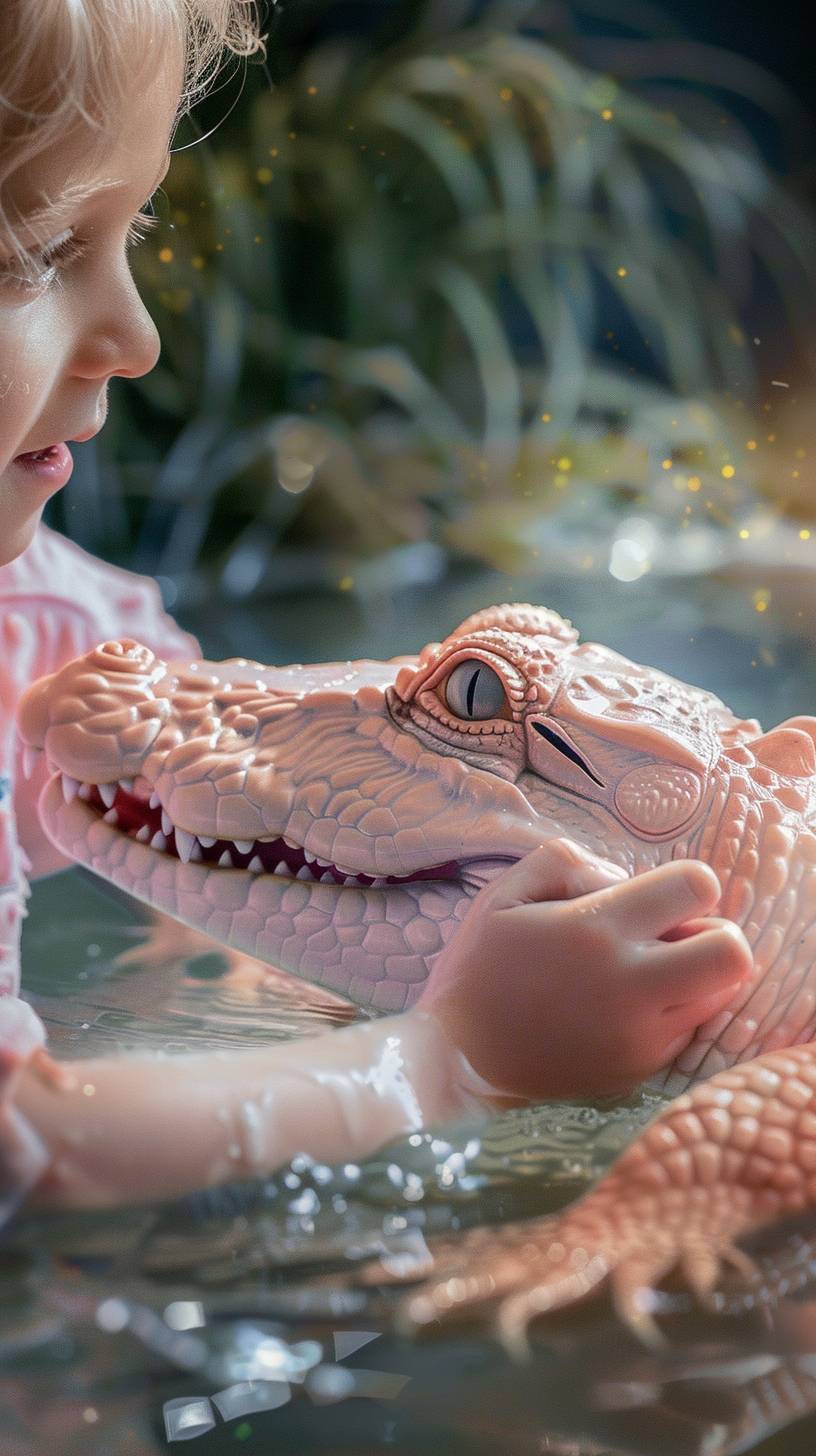 Little child playing with a pink crocodile. Realistic picture.
