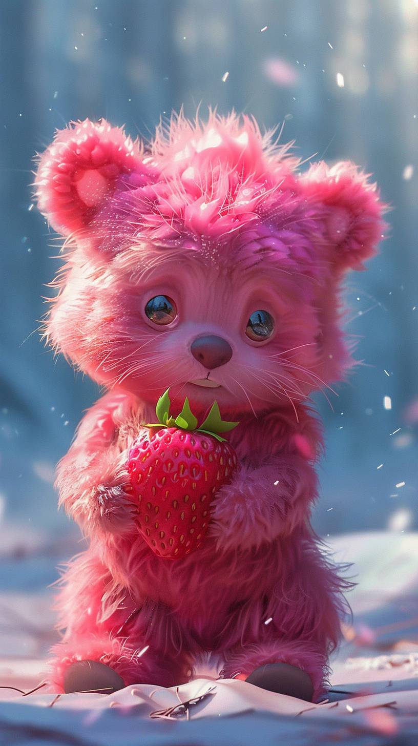 A cute little bear with a strawberry, in Pixar style, phone wallpaper, 8k resolution