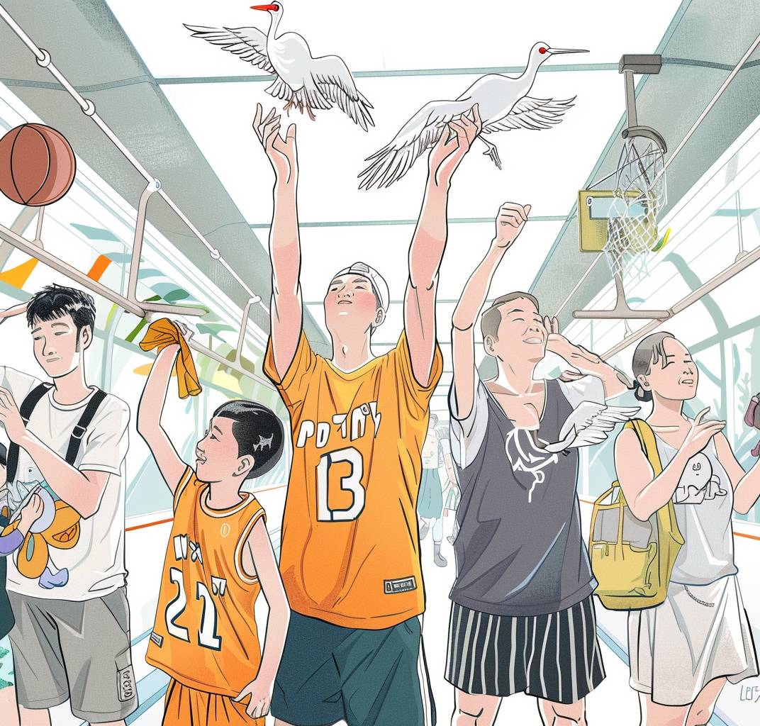 In the subway, Asian people wear basketball jerseys and hold onto cranes with their hands raised high to shape cartoon characters. The background is white with colorful lines depicting indoor scenes. The handdrawn illustrations are in a simple style, with children holding sports equipment on the left side, women wearing dresses on both sides, men standing up, an old woman sitting down with shopping bags next to her, white walls and green windows, and gray floor tiles.