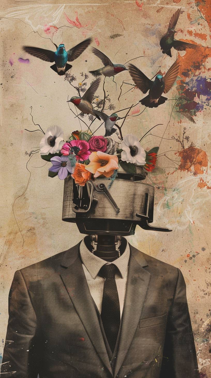 Vintage surrealism, a robot wearing a suit and tie with a hat made of flowers and birds flying around his head, mixed media collage poster art in the style of aesthetic --ar 9:16 --style raw --stylize 50 --v 6.0