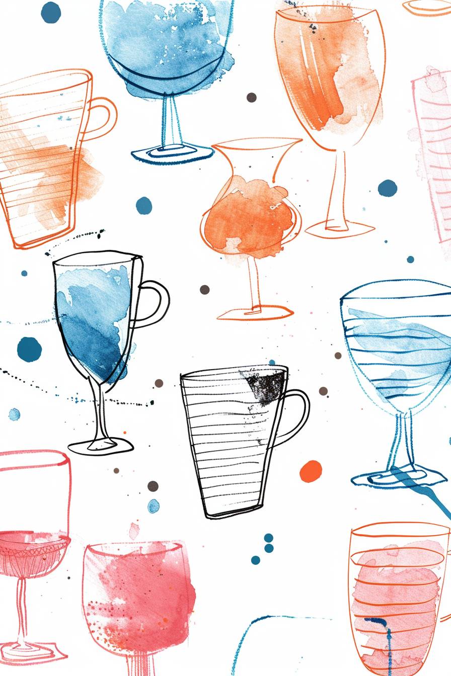 A drawing of abstract coffee mugs and wine glasses in blue, pink, and orange on a white background, with scribbles and scratches in the style of Ryo Takemasa. The artwork features soft lines and gentle curves, resembling a child's doodle, utilizing soft pastel colors on a light background, with bold lines and vibrant illustrations in a style of darkly romantic illustration. Ideal for a minimalist apartment.