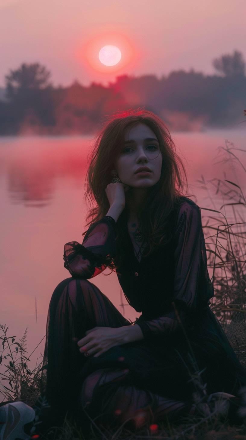 A pretty young woman sits by the misty lake at dusk, looking at the camera, wearing iridescent satin under the glaring red sun, exuding ethereal light, a masterpiece cinematography.