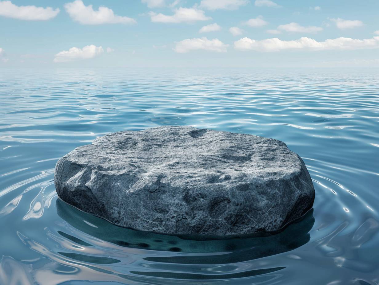 Create a huge gray rock floating on the water surface, with circles of water marks around the stone. The stone is located in the lower fifth of the entire picture, with a bright blue sky background with a small amount of white clouds, ocean horizon, minimalism, high resolution, ultra-high quality, high details, volumetric lighting, bright lighting, minimalist background, C4D modeling, OC rendering, realistic photos, photography, mid focus lens, close-up